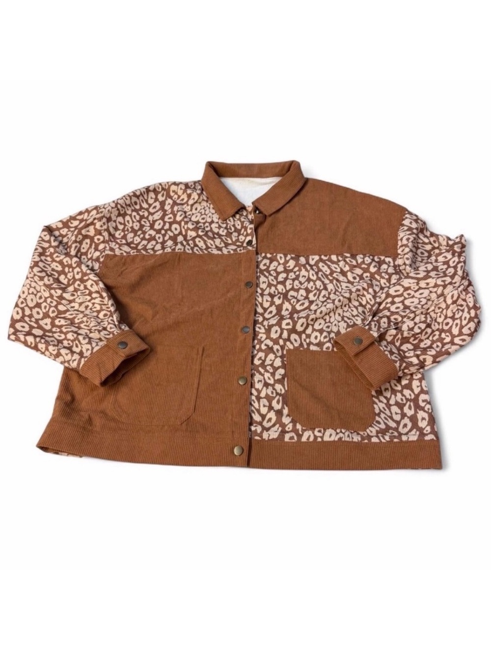 Leopard Print Colorblock Ribbed Shacket Women’s 2XL Jacket Boho Western Fall